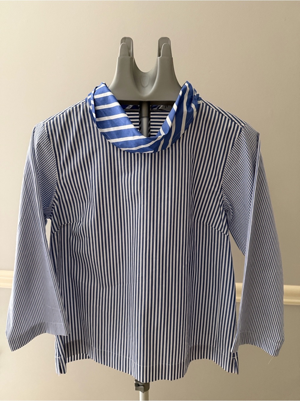 J Crew x Thomas Mason Blue & White Striped Cowl Neck Blouse